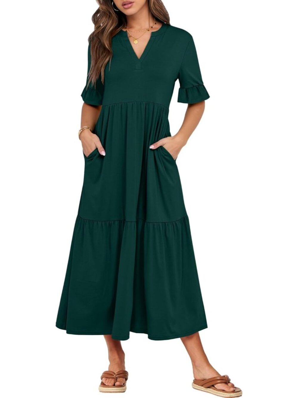 Women's Dark Green Short Sleeve Maxi Dress V-Neck Tiered with Pockets Dresses